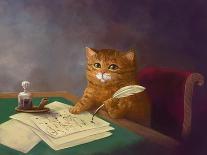 Beautiful Cute Ginger Tabby Cat Sitting at the Table and Writing a Letter with a Pen. Painting in T-Elena Medvedeva-Mounted Photographic Print