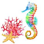 Colorful Seahorse, Red Coral and Starfish, Watercolor.-Elena Sapegina-Premium Photographic Print