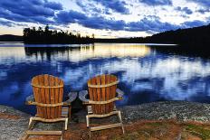 Wooden Dock with Chairs on Calm Fall Lake-elenathewise-Photographic Print