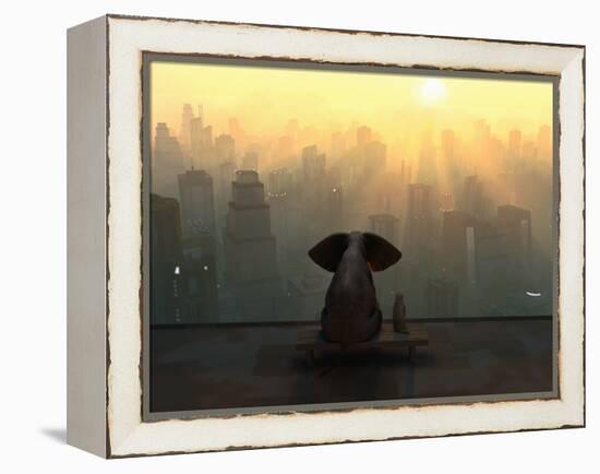 Elephant and Dog Sit on the Roof of a Skyscraper-Mike_Kiev-Framed Premier Image Canvas