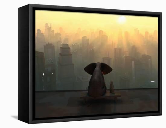 Elephant and Dog Sit on the Roof of a Skyscraper-Mike_Kiev-Framed Premier Image Canvas