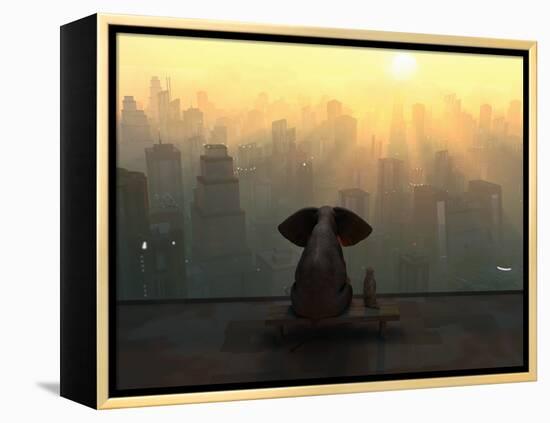 Elephant and Dog Sit on the Roof of a Skyscraper-Mike_Kiev-Framed Premier Image Canvas