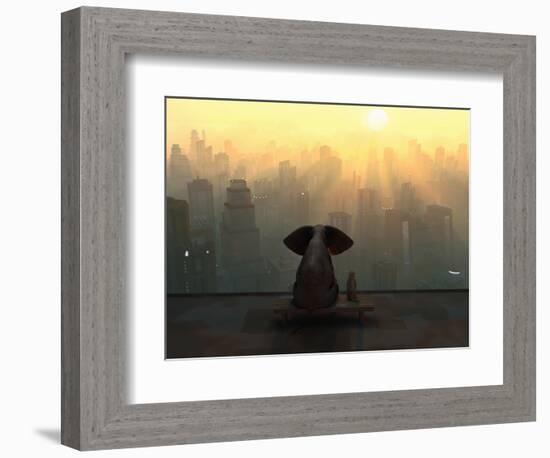 Elephant and Dog Sit on the Roof of a Skyscraper-Mike_Kiev-Framed Photographic Print