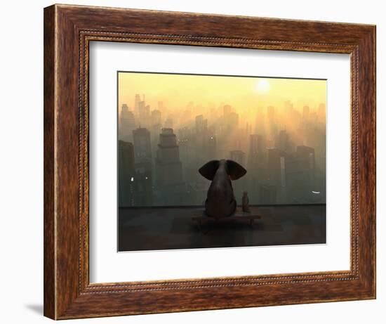 Elephant and Dog Sit on the Roof of a Skyscraper-Mike_Kiev-Framed Photographic Print