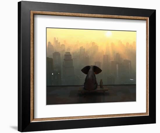 Elephant and Dog Sit on the Roof of a Skyscraper-Mike_Kiev-Framed Photographic Print