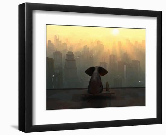 Elephant and Dog Sit on the Roof of a Skyscraper-Mike_Kiev-Framed Photographic Print