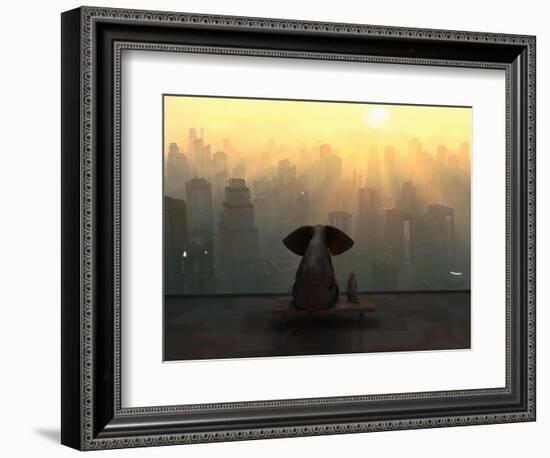 Elephant and Dog Sit on the Roof of a Skyscraper-Mike_Kiev-Framed Photographic Print