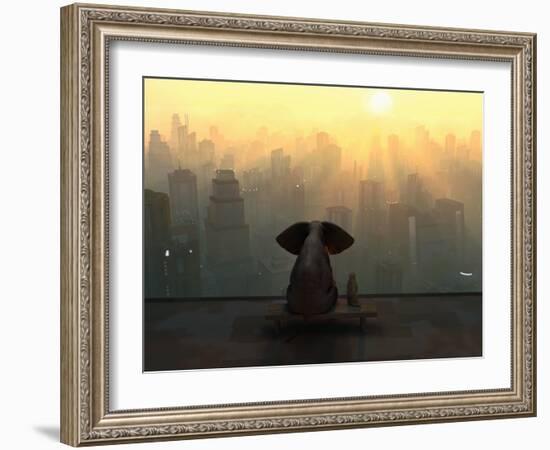 Elephant and Dog Sit on the Roof of a Skyscraper-Mike_Kiev-Framed Photographic Print