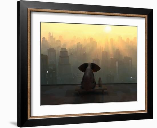 Elephant and Dog Sit on the Roof of a Skyscraper-Mike_Kiev-Framed Photographic Print