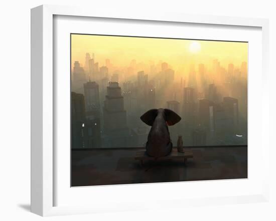 Elephant and Dog Sit on the Roof of a Skyscraper-Mike_Kiev-Framed Photographic Print