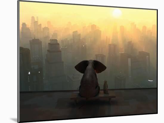 Elephant and Dog Sit on the Roof of a Skyscraper-Mike_Kiev-Mounted Photographic Print