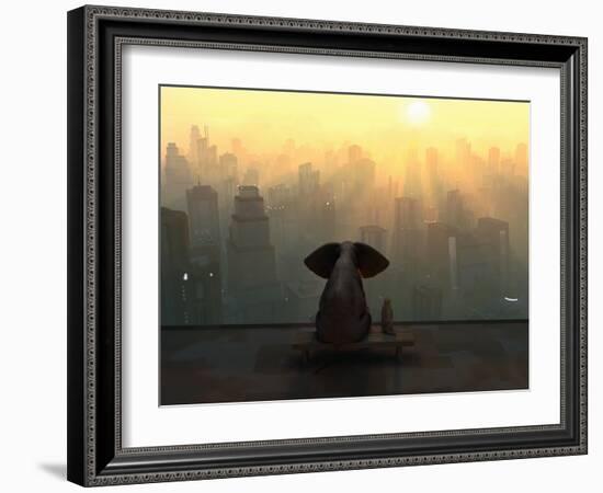 Elephant and Dog Sit on the Roof of a Skyscraper-Mike_Kiev-Framed Photographic Print