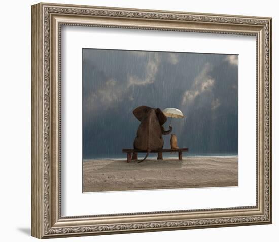 Elephant and Dog Sit Under the Rain-Mike Kiev-Framed Art Print