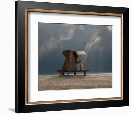 Elephant and Dog Sit Under the Rain-Mike Kiev-Framed Art Print