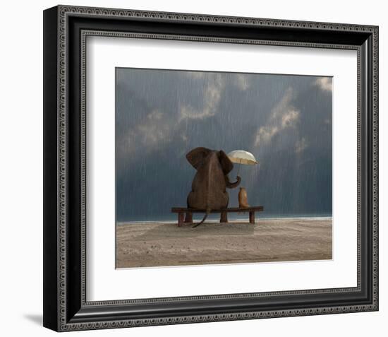 Elephant and Dog Sit Under the Rain-Mike Kiev-Framed Art Print