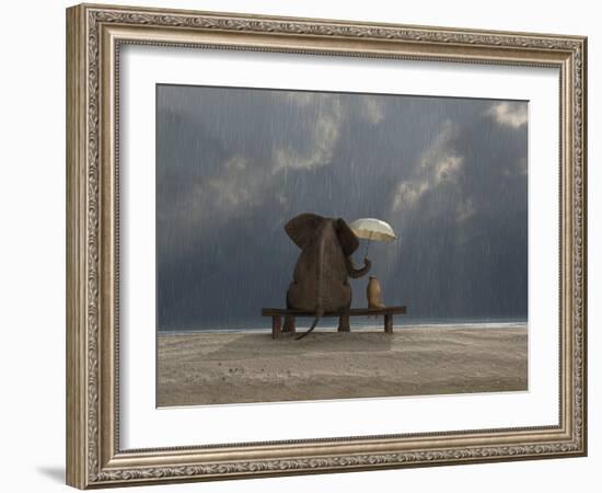 Elephant And Dog Sit Under The Rain-Mike_Kiev-Framed Premium Photographic Print