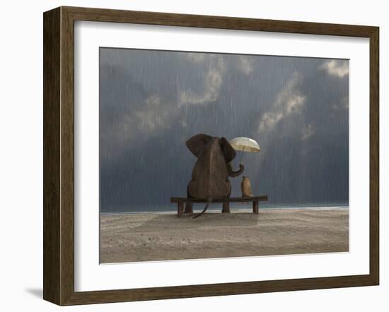 Elephant And Dog Sit Under The Rain-Mike_Kiev-Framed Premium Photographic Print