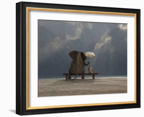 Elephant And Dog Sit Under The Rain-Mike_Kiev-Framed Premium Photographic Print