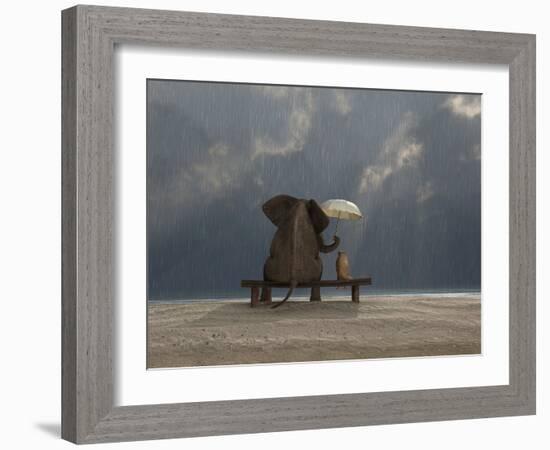 Elephant And Dog Sit Under The Rain-Mike_Kiev-Framed Photographic Print