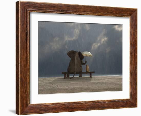 Elephant And Dog Sit Under The Rain-Mike_Kiev-Framed Photographic Print