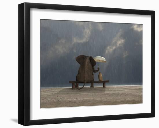 Elephant And Dog Sit Under The Rain-Mike_Kiev-Framed Photographic Print