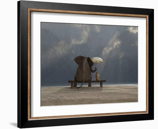 Elephant And Dog Sit Under The Rain-Mike_Kiev-Framed Photographic Print