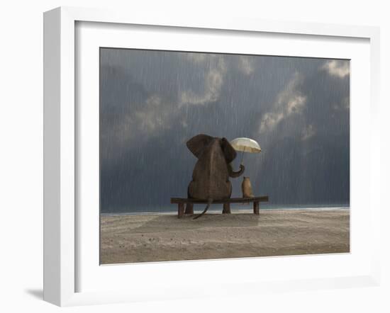 Elephant And Dog Sit Under The Rain-Mike_Kiev-Framed Photographic Print