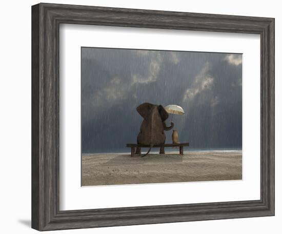 Elephant And Dog Sit Under The Rain-Mike_Kiev-Framed Photographic Print