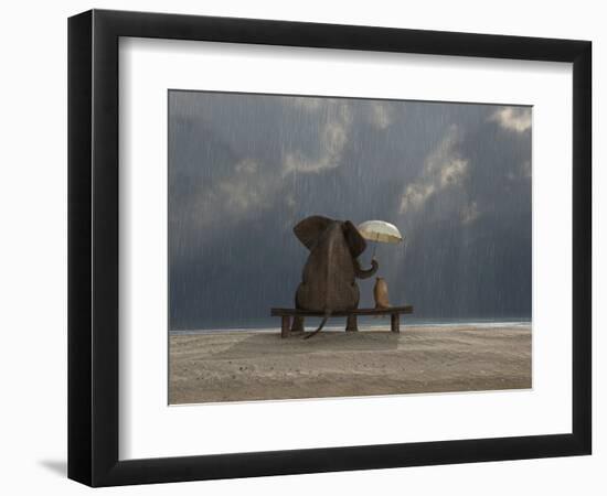 Elephant And Dog Sit Under The Rain-Mike_Kiev-Framed Photographic Print