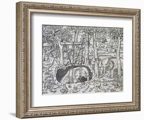 Elephant Hunting on Island of Java, Engraving from Universal Cosmology-Andre Thevet-Framed Giclee Print