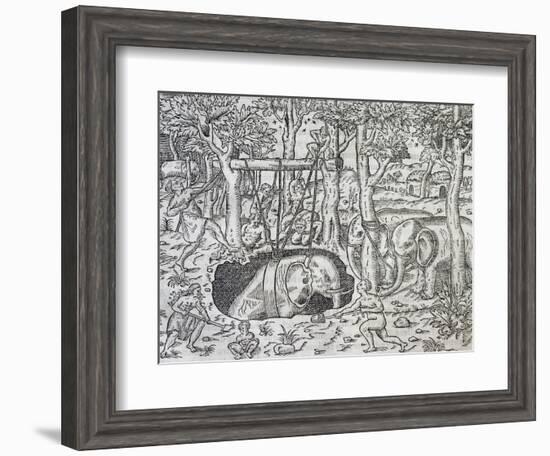 Elephant Hunting on Island of Java, Engraving from Universal Cosmology-Andre Thevet-Framed Giclee Print