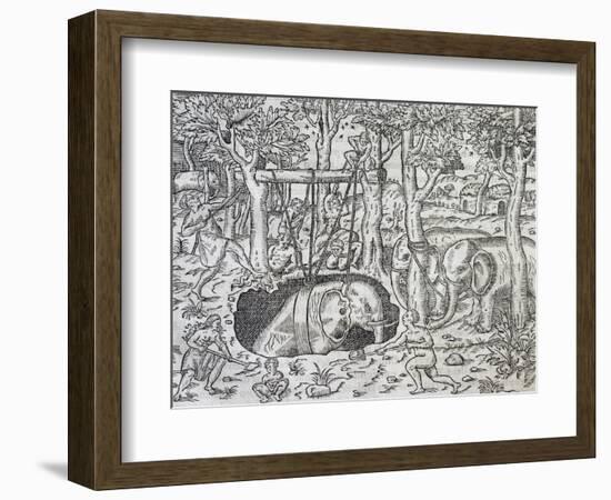 Elephant Hunting on Island of Java, Engraving from Universal Cosmology-Andre Thevet-Framed Giclee Print