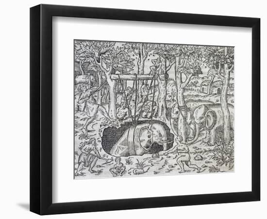 Elephant Hunting on Island of Java, Engraving from Universal Cosmology-Andre Thevet-Framed Giclee Print