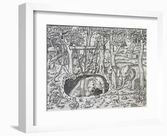 Elephant Hunting on Island of Java, Engraving from Universal Cosmology-Andre Thevet-Framed Giclee Print