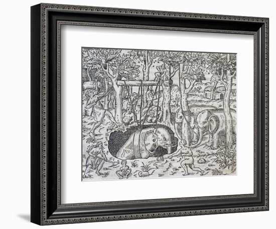 Elephant Hunting on Island of Java, Engraving from Universal Cosmology-Andre Thevet-Framed Giclee Print