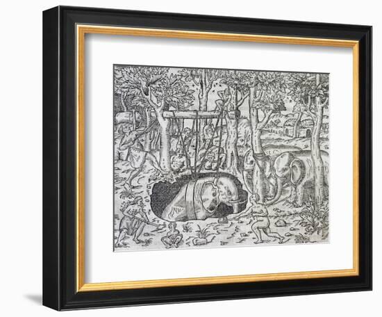 Elephant Hunting on Island of Java, Engraving from Universal Cosmology-Andre Thevet-Framed Giclee Print