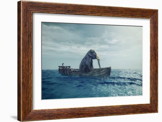 Elephant in a boat at sea.-Orlando Rosu-Framed Art Print