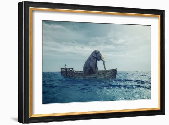 Elephant in a boat at sea.-Orlando Rosu-Framed Art Print