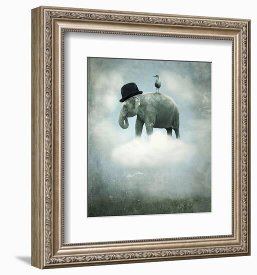 Elephant on Cloud with Hat--Framed Art Print