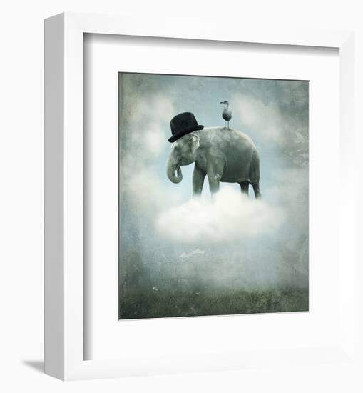 Elephant on Cloud with Hat-null-Framed Art Print