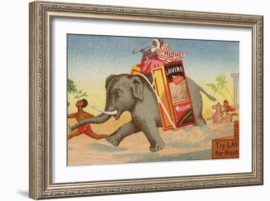 Elephant Running with Box of Washing Soap-null-Framed Giclee Print