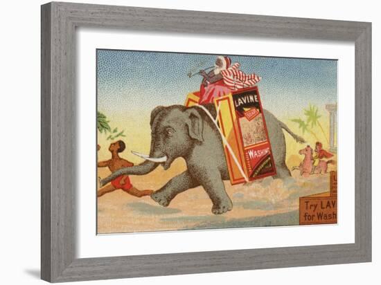 Elephant Running with Box of Washing Soap-null-Framed Giclee Print