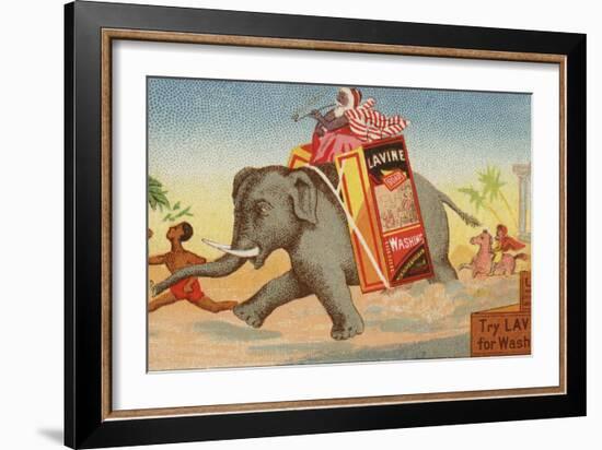 Elephant Running with Box of Washing Soap-null-Framed Giclee Print