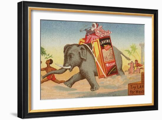 Elephant Running with Box of Washing Soap-null-Framed Giclee Print