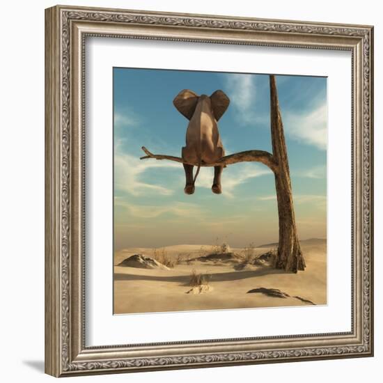 Elephant Stands on Thin Branch of Withered Tree in Surreal Landscape. this is a 3D Render Illustrat-Orla-Framed Art Print