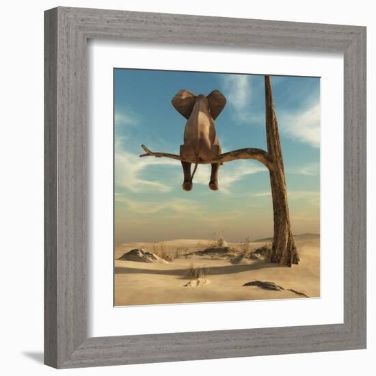 Elephant Stands on Thin Branch of Withered Tree in Surreal Landscape. this is a 3D Render Illustrat-Orla-Framed Art Print