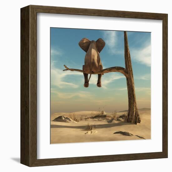 Elephant Stands on Thin Branch of Withered Tree in Surreal Landscape. this is a 3D Render Illustrat-Orla-Framed Art Print