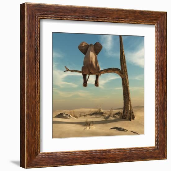 Elephant Stands on Thin Branch of Withered Tree in Surreal Landscape. this is a 3D Render Illustrat-Orla-Framed Art Print