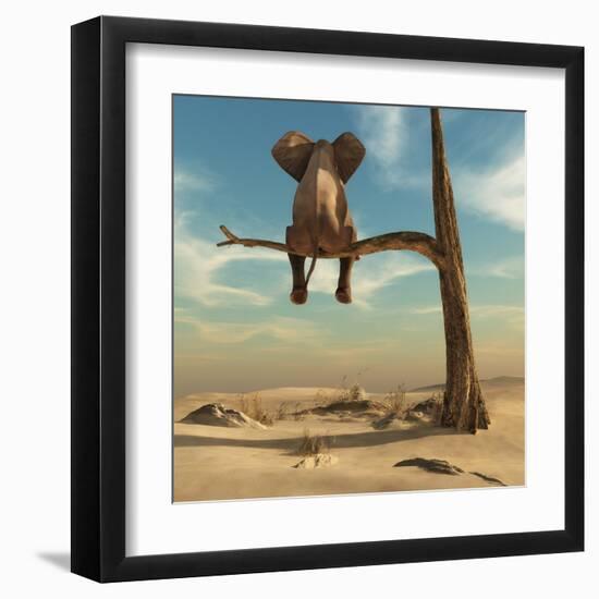 Elephant Stands on Thin Branch of Withered Tree in Surreal Landscape. this is a 3D Render Illustrat-Orla-Framed Art Print