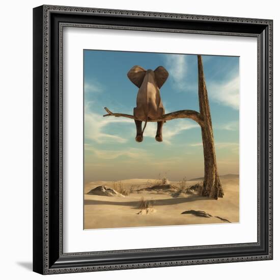 Elephant Stands on Thin Branch of Withered Tree in Surreal Landscape. this is a 3D Render Illustrat-Orla-Framed Art Print